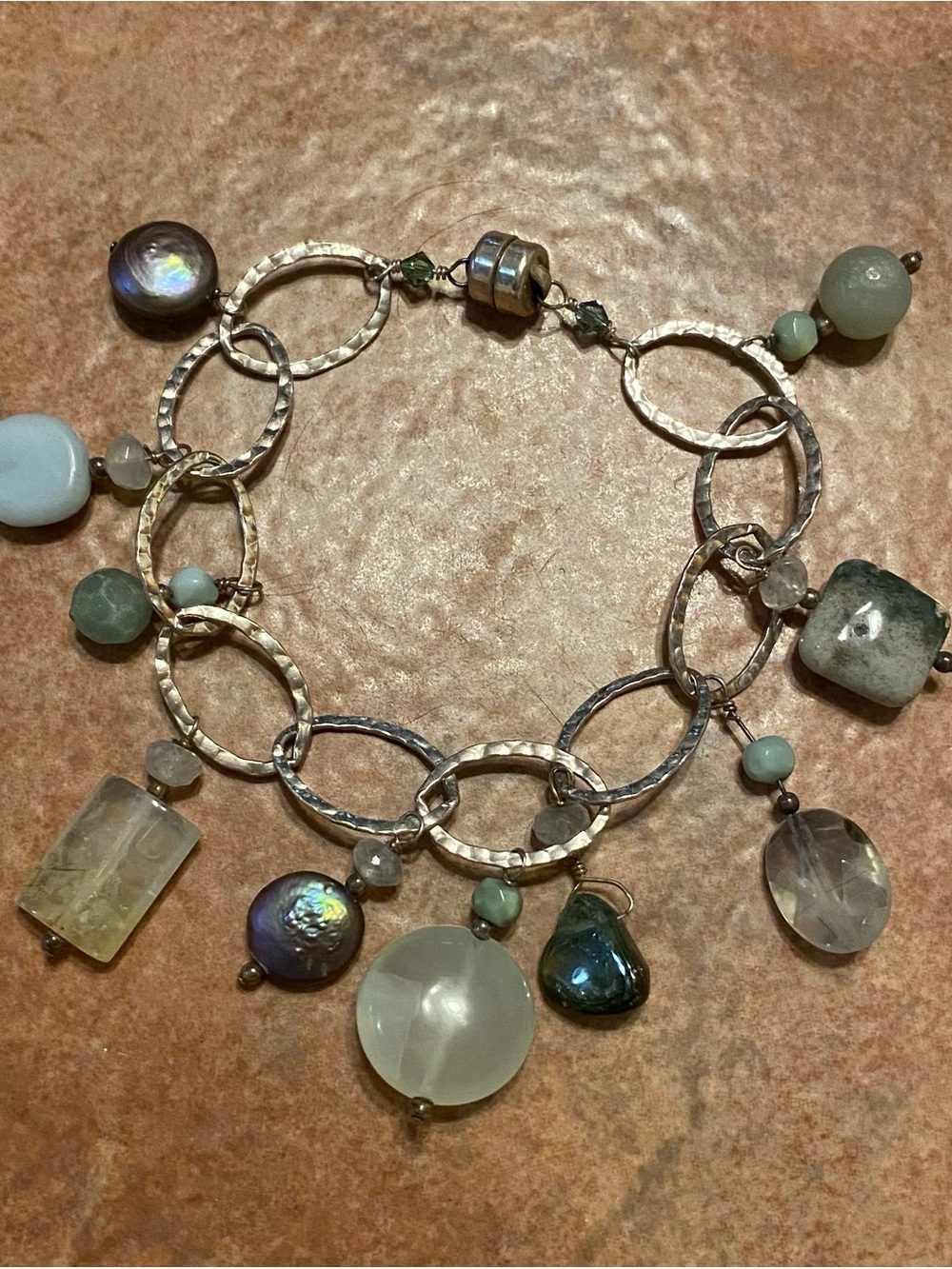 Artisan Silver-Link Bracelet with Multicolor Green Gemstone Charms